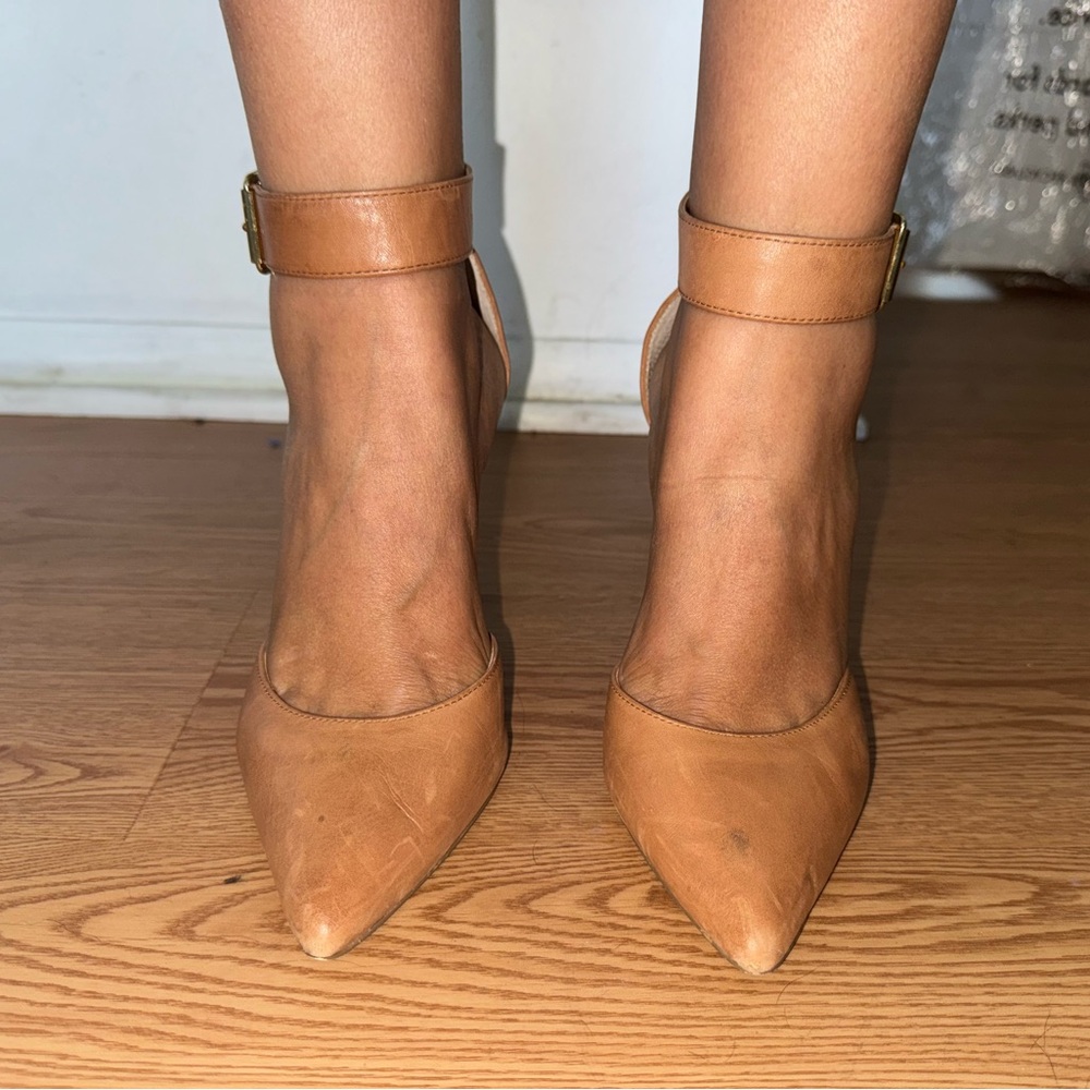 Boston Proper Tan Pointed Toe Pumps with Ankle Strap/Buckle